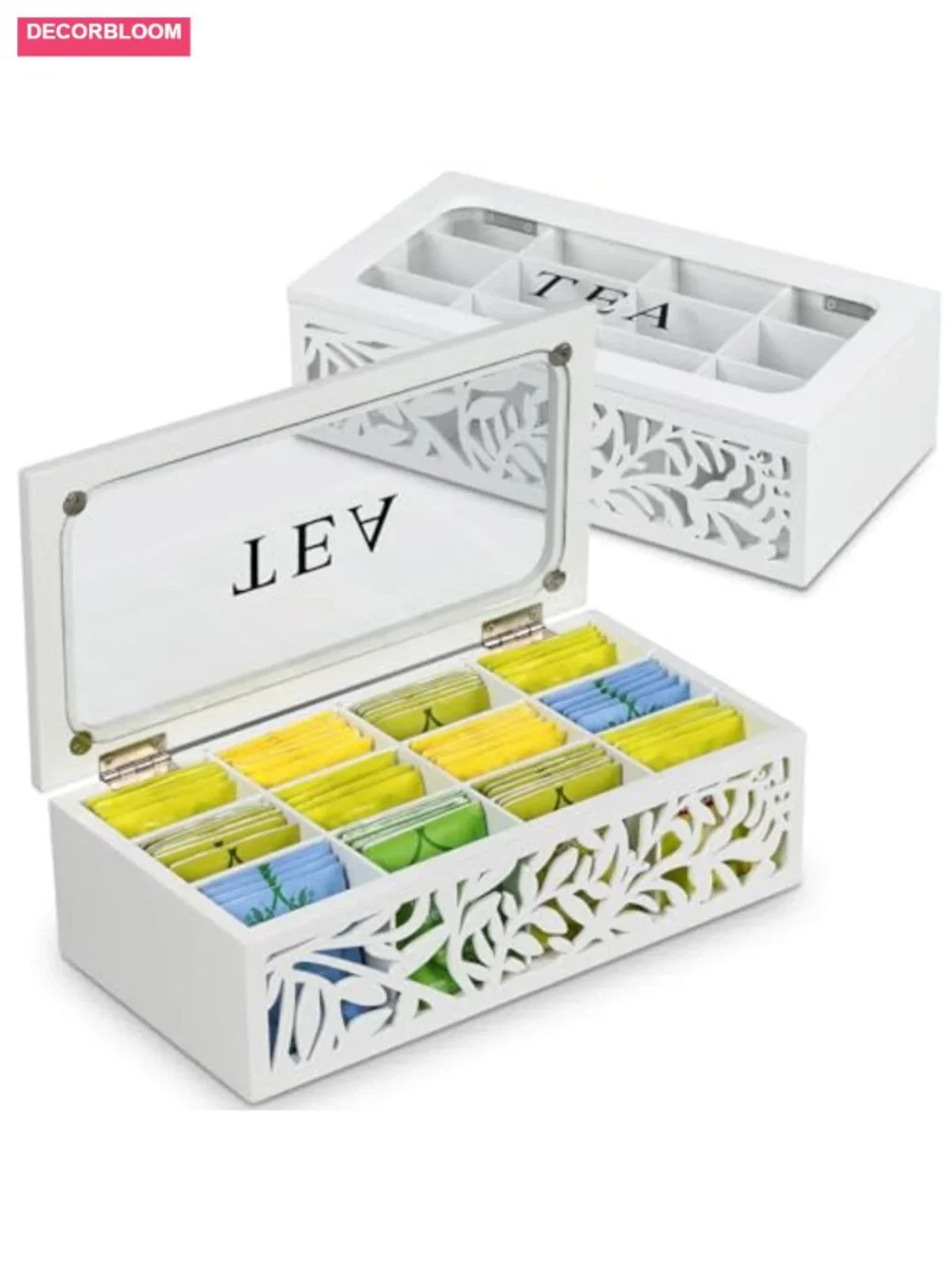 12-Slot Wooden Tea Bag Organizer, Floral Cut Out Lid, Countertop Storage